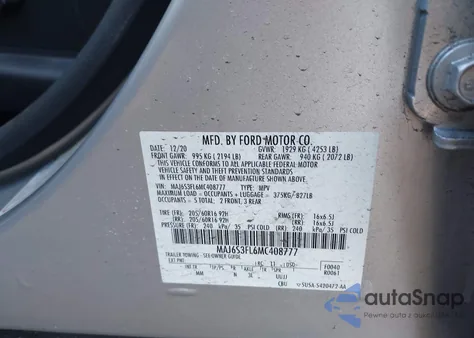 2021 Ford Ecosport S z USA, uszkodzony, nr VIN MAJ6S3FL6MC408777